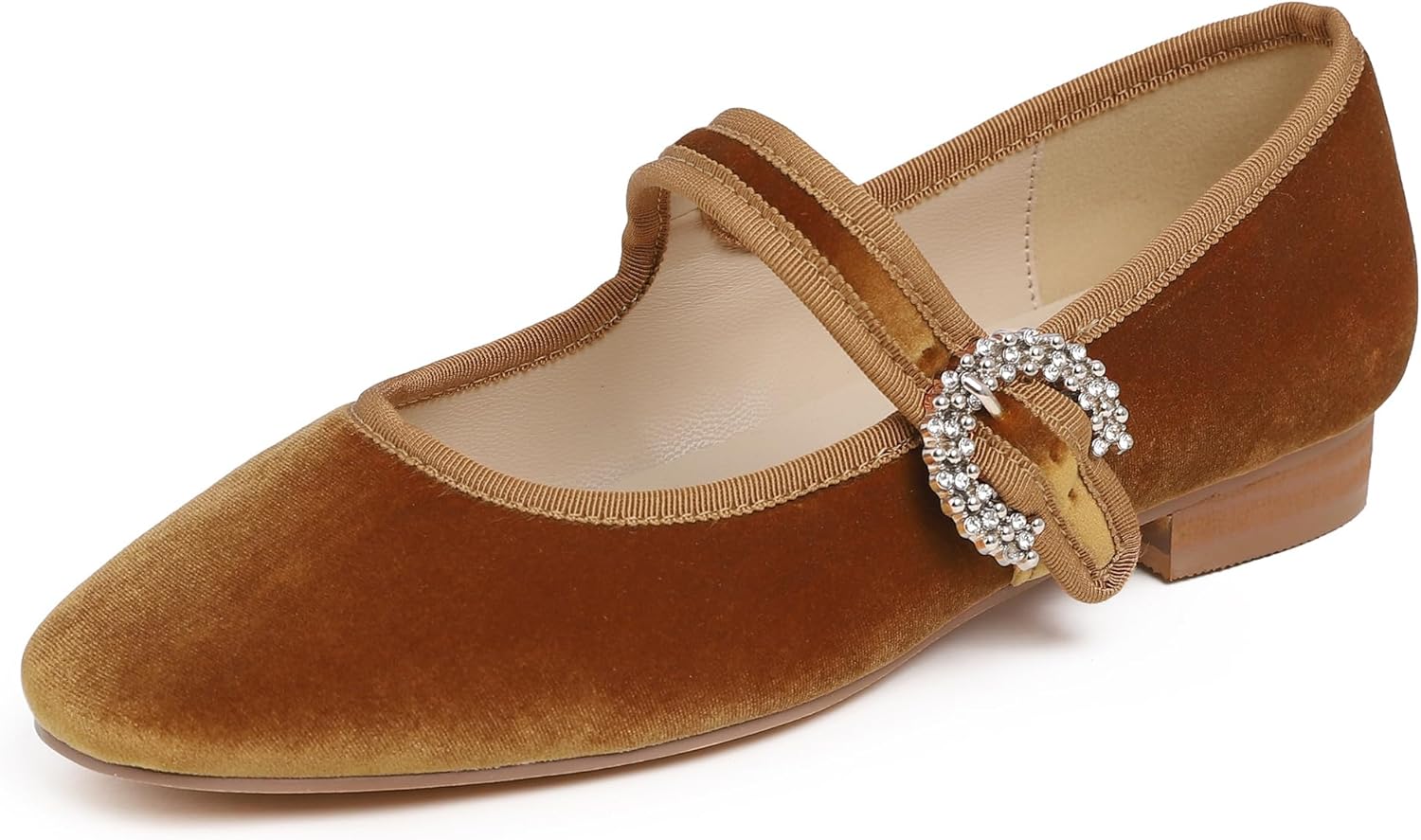 Sq Maryjane Camel Brown Velvet Rhinestone Buckle Stack Heel