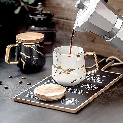 Miniatura 6 de LUCCK Taza de café de cerámica con tapa de madera, taza de té de 14.5 onzas, taza de té de lujo con incrustaciones doradas de mármol, taza de