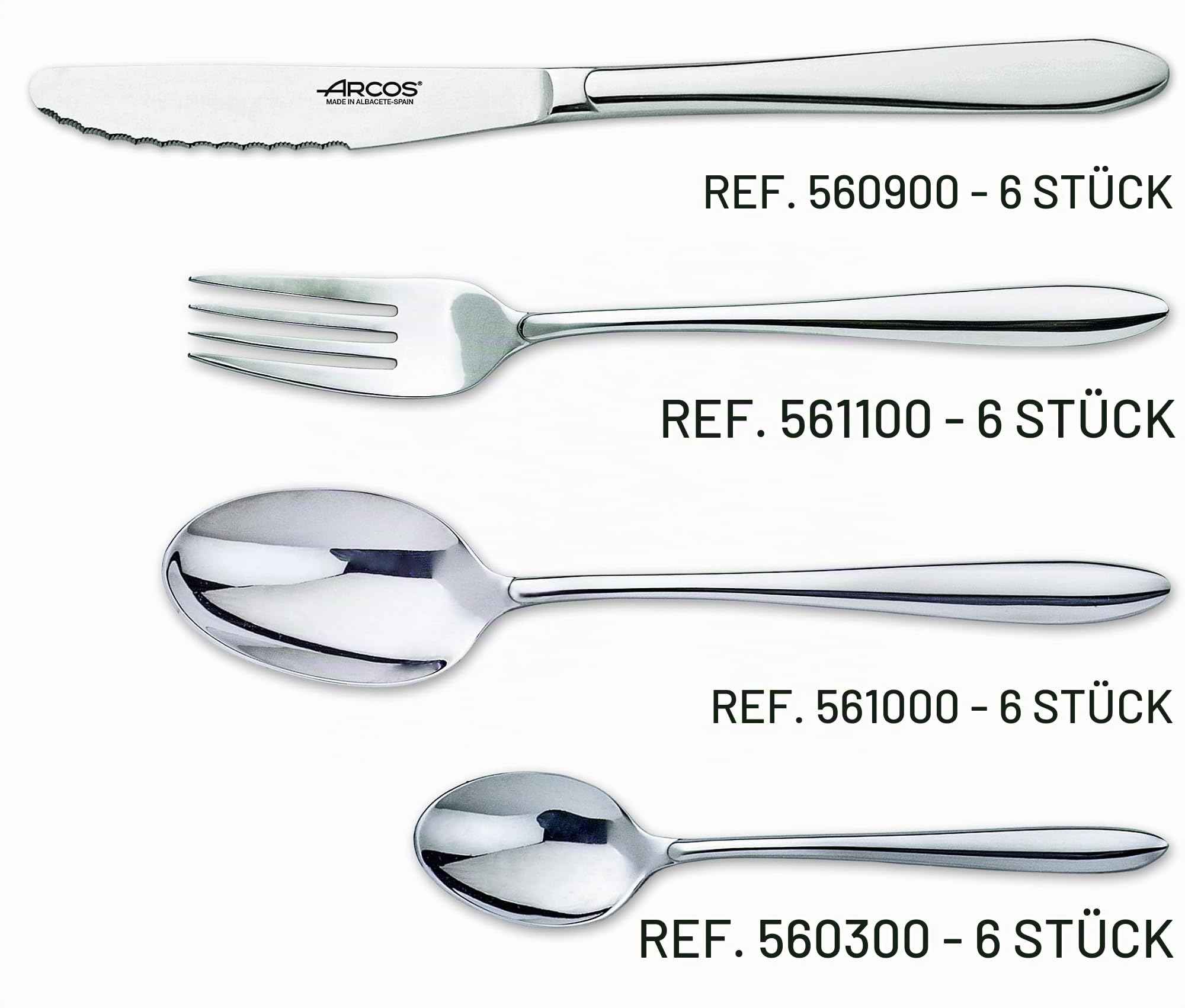 ARCOS Besteckset 24-teilig für Tisch - Komplettes Besteck für 6 Personen, Set aus 6 Löffeln, 6 Messern, 6 Gabeln und 6 Dessertlöffeln - Silber, Serie Berlin