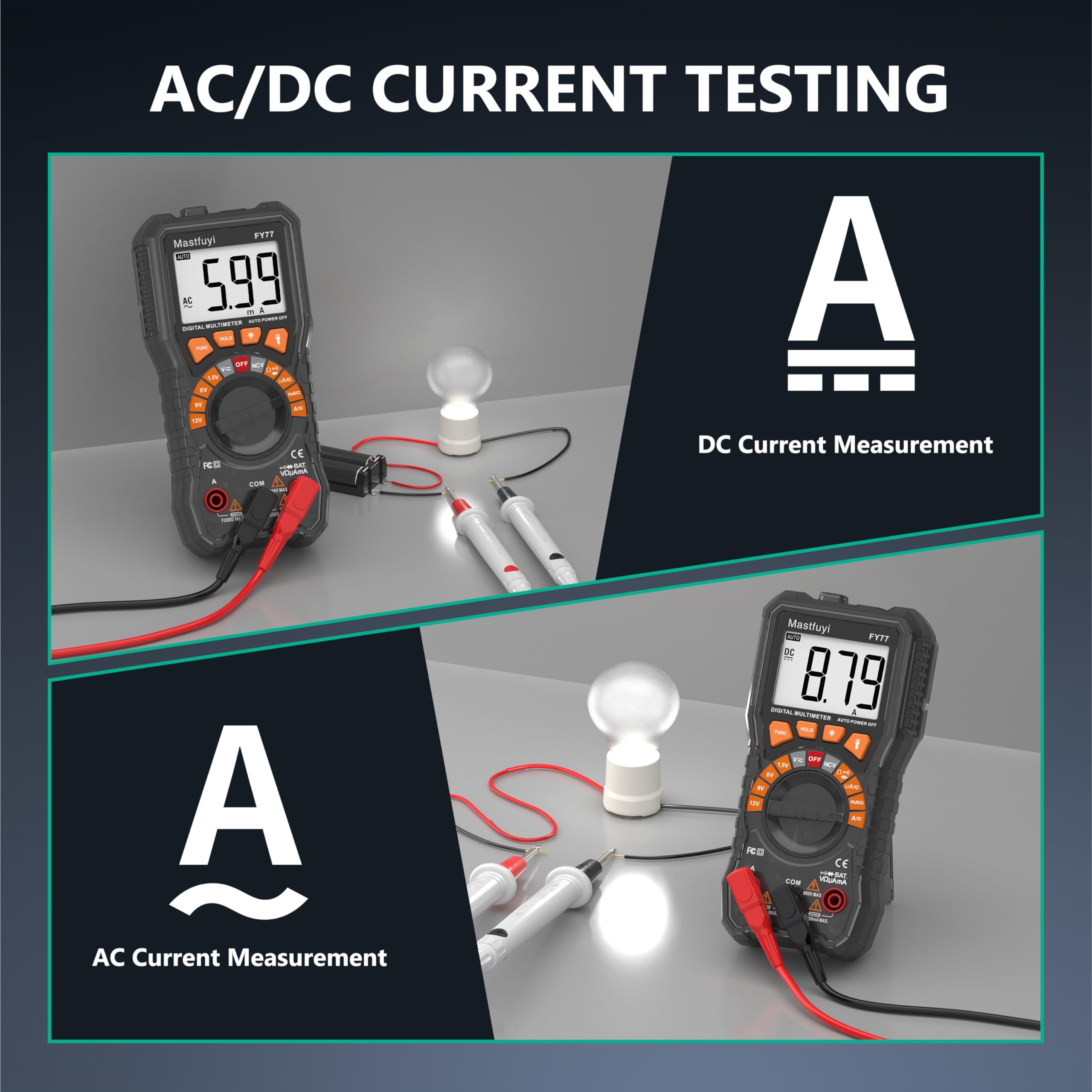 Multimetro Digitale, Tester multiplo con NCV, Test di Gamma Automatico, Tester per Batterie, Conta il Vero RMS 2000, Corrente AC/DC, Tensione AC/DC, Continuità, Resistenza, Diodo