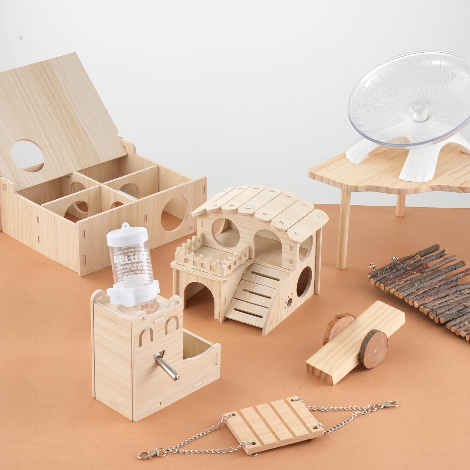 Hamsterspielzeug Komplettset - Geräuschloses lautloses Laufrad, Labyrinth-Holzhaus, Ständer, Kauspielzeug & Wasserflaschenkäfig-Zubehör für Hamster, Ratten, Mäuse, Kleintier-Lebensraum
