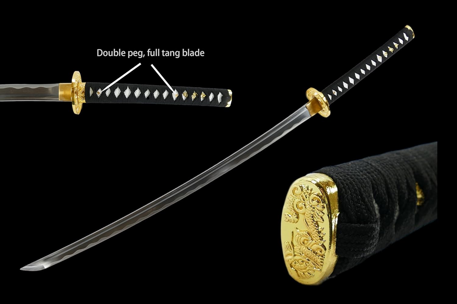 Makoto Hand Forged Sharp Samurai Sword - Crystal Golden Dragon on Saya