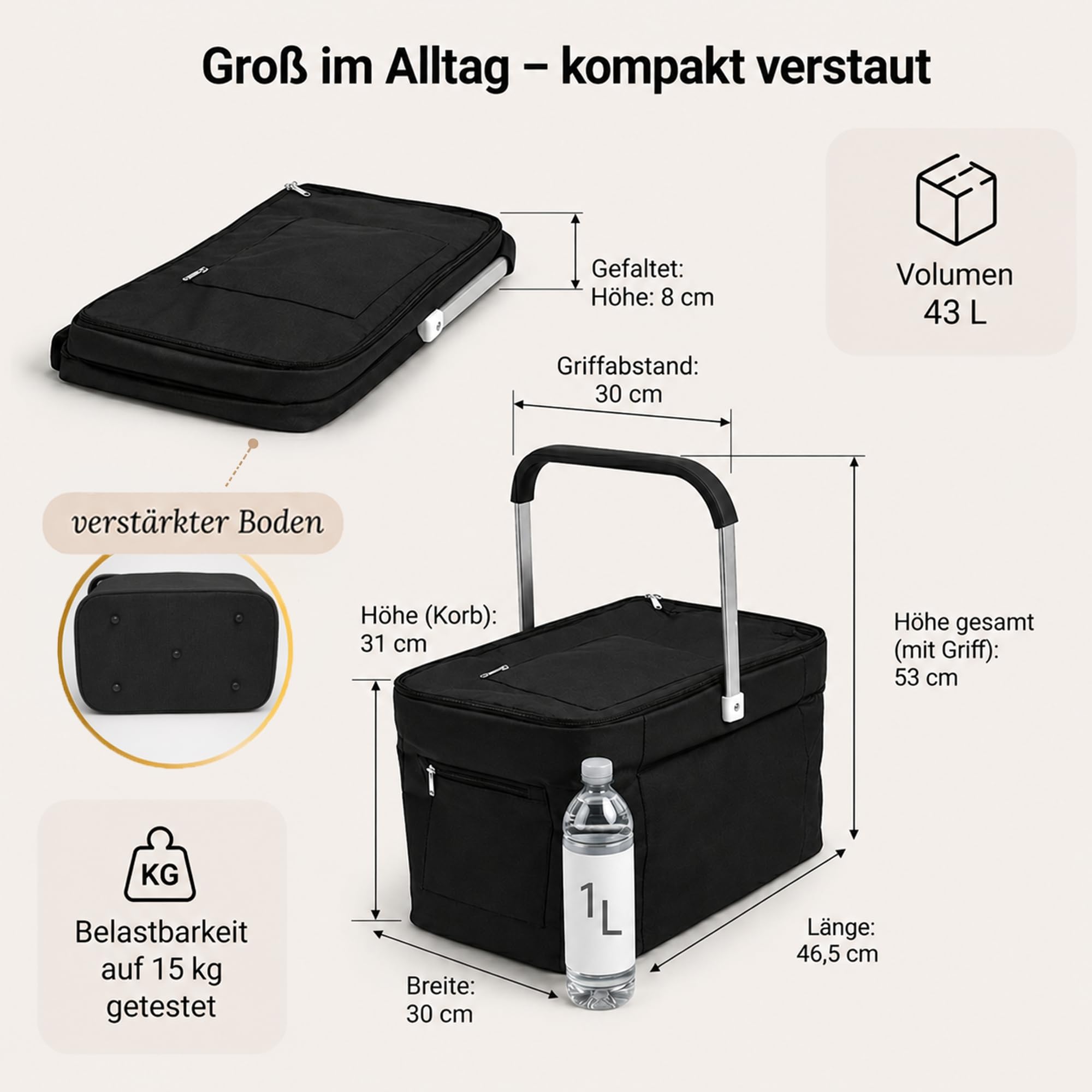 43L Einkaufskorb faltbar mit Deckel, groß, stabil, isolierter Kühlkorb, Thermokorb oder Thermotasche, klappbar, ideal für Picknick, Camping, Reisen, Einkauf (Schwarz)