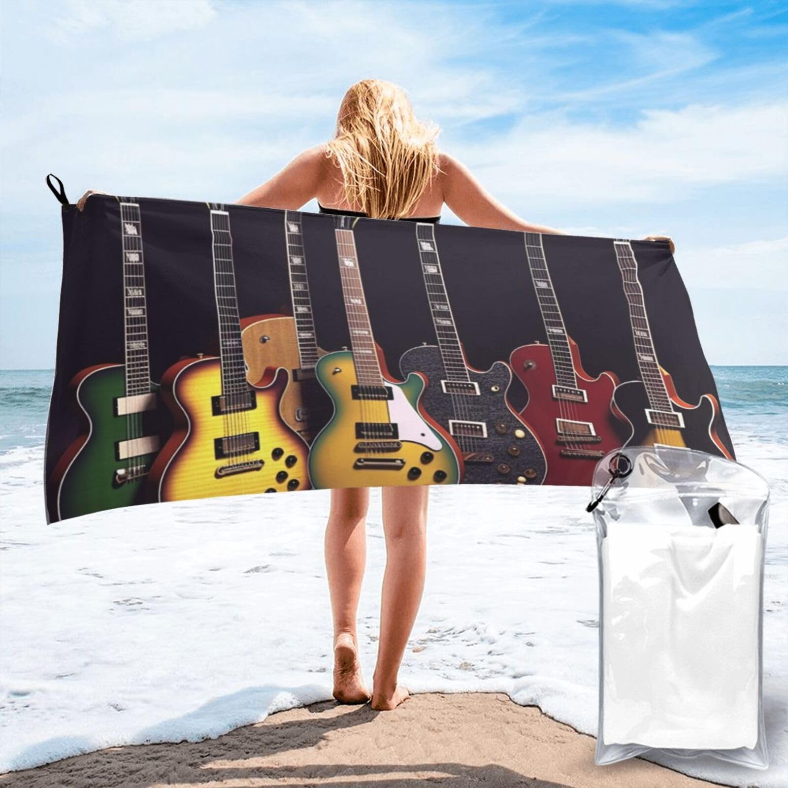 DWVTSLH Microfiber Sand Free Beach Towel 27.5"x55", Quick Dry Absorbent Travel Towel Large Camping Blanket, Guitar Collection Bath Towels Lightweight Pool Swim Towels for Vacation Essentials