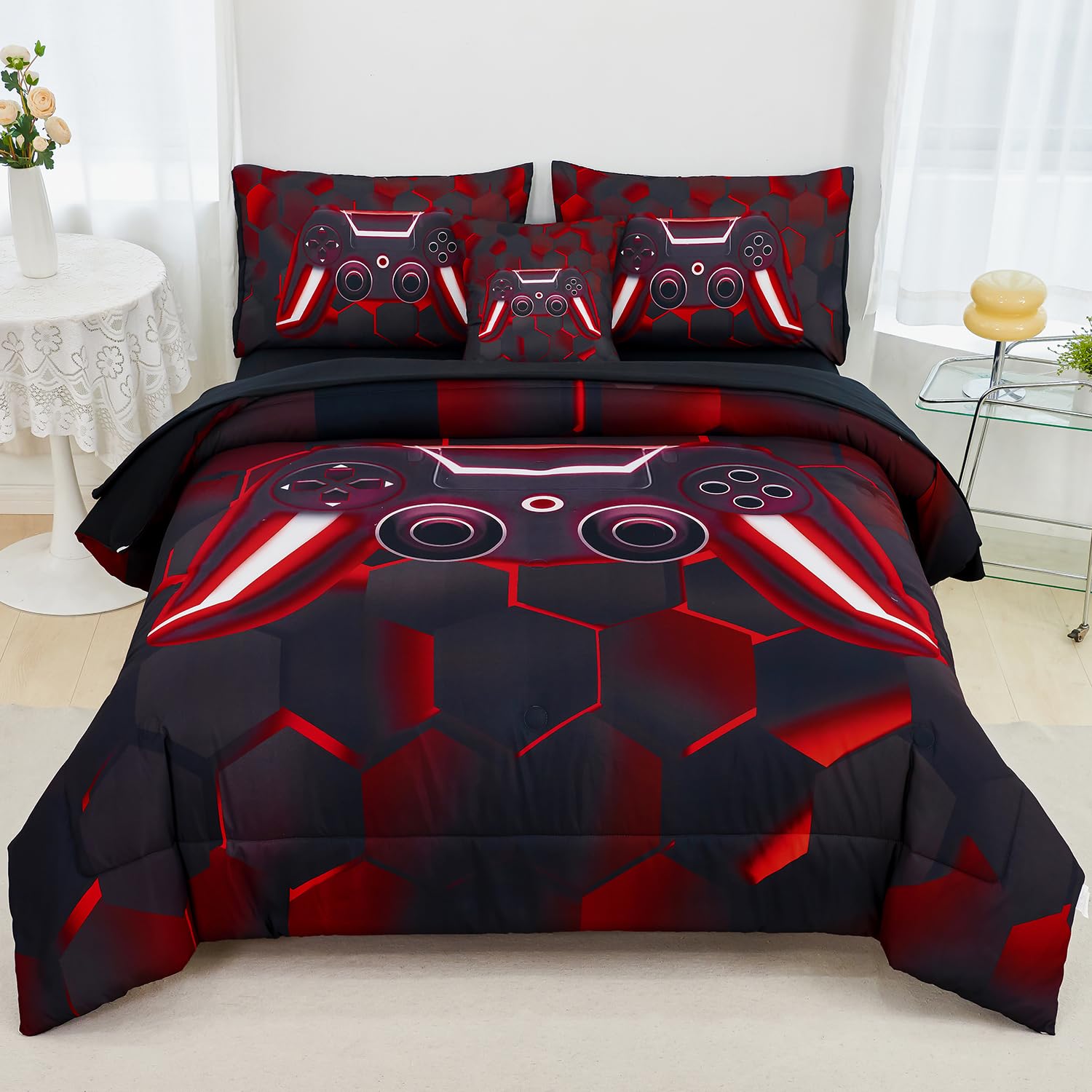 URBONUR 6Pcs Queen Game Comforter Sets for Boys Girl Game Gontroller Printed Teen Bedding Set Kids Teenage Men Bedroom Decor Children Bed Comforters(