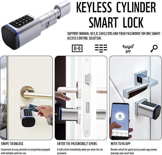 Smart Door Lock, Euro Door Smart Cylinder Lock, Electronic Locks Applicable to Wooden Iron Security Door (Silver)