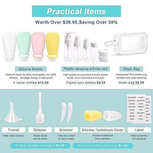 Miniatura 2 de 18 botellas de viaje para artículos de tocador, gimnasio, aprobadas por la TSA, a prueba de fugas con vendaje de silicona exprimible de 3 onzas para