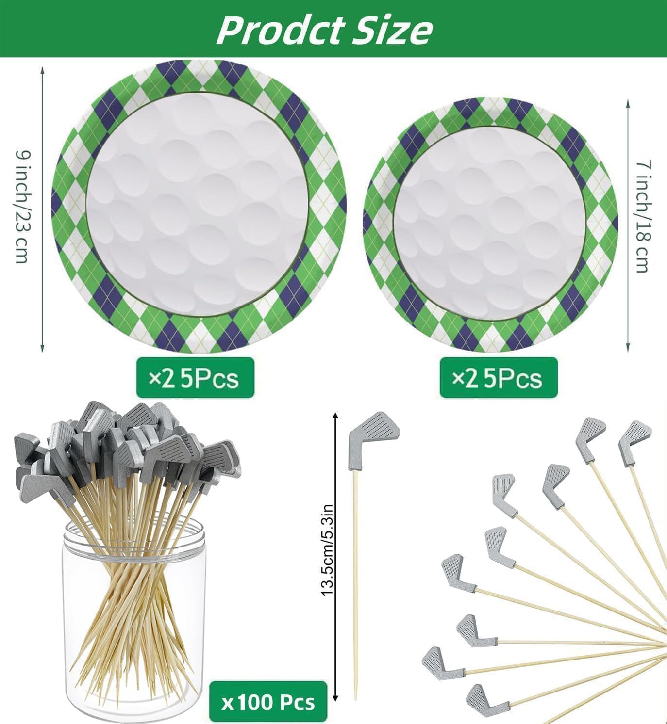 Puraikcmi 150Pcs Golf Party Supplies Paper Plates and Toothpicks Serve 25 Disposable Tableware Set for Birthday Party Decorations Game Day Family School Holiday Sports Events