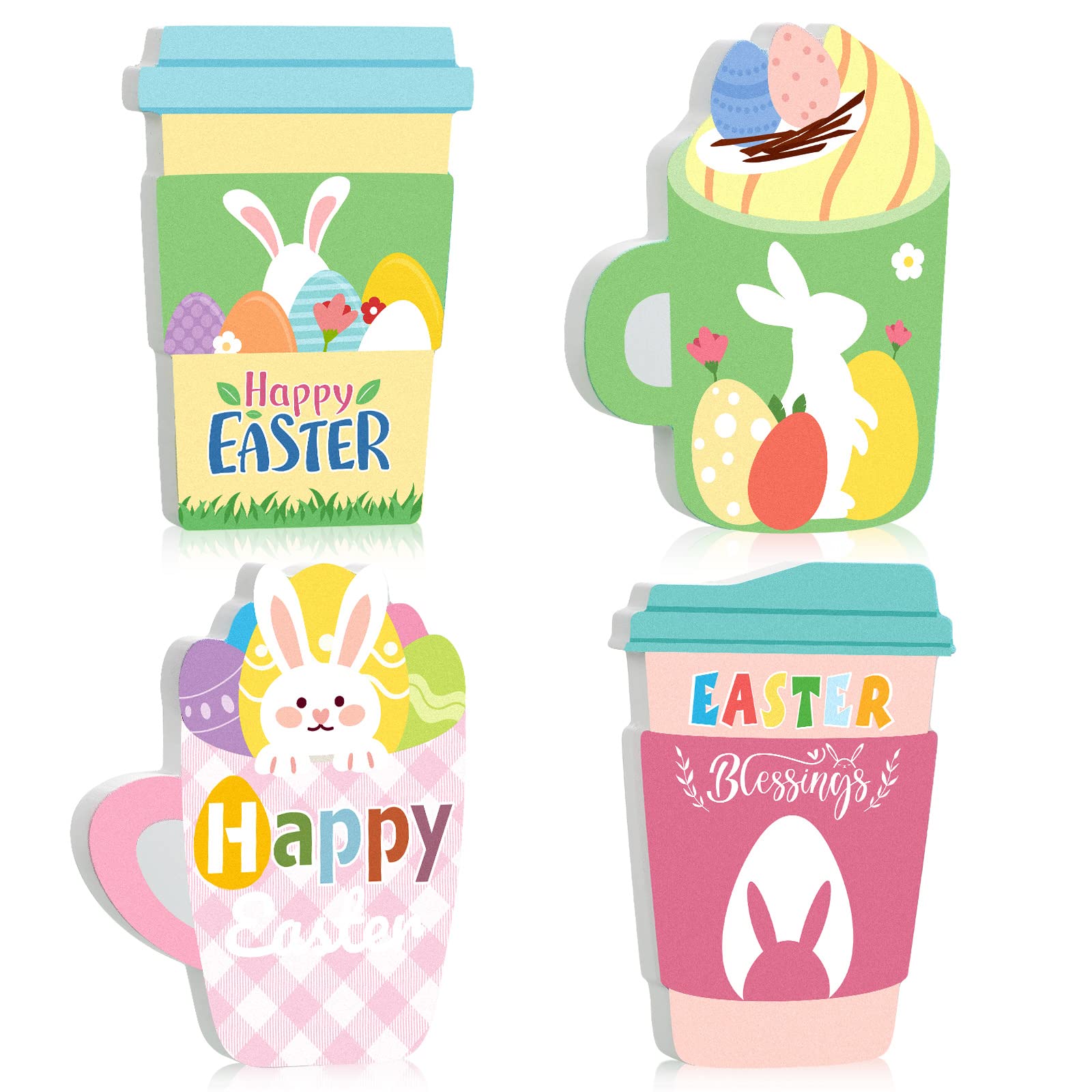 Photo 1 of 4 Pcs Happy Easter Wooden Block Signs Decoration Easter Egg Rabbit Wooden Home Decor Coffee Wood Signs Drinks Tabletop Decoration for Easter Tabletop Home Decor