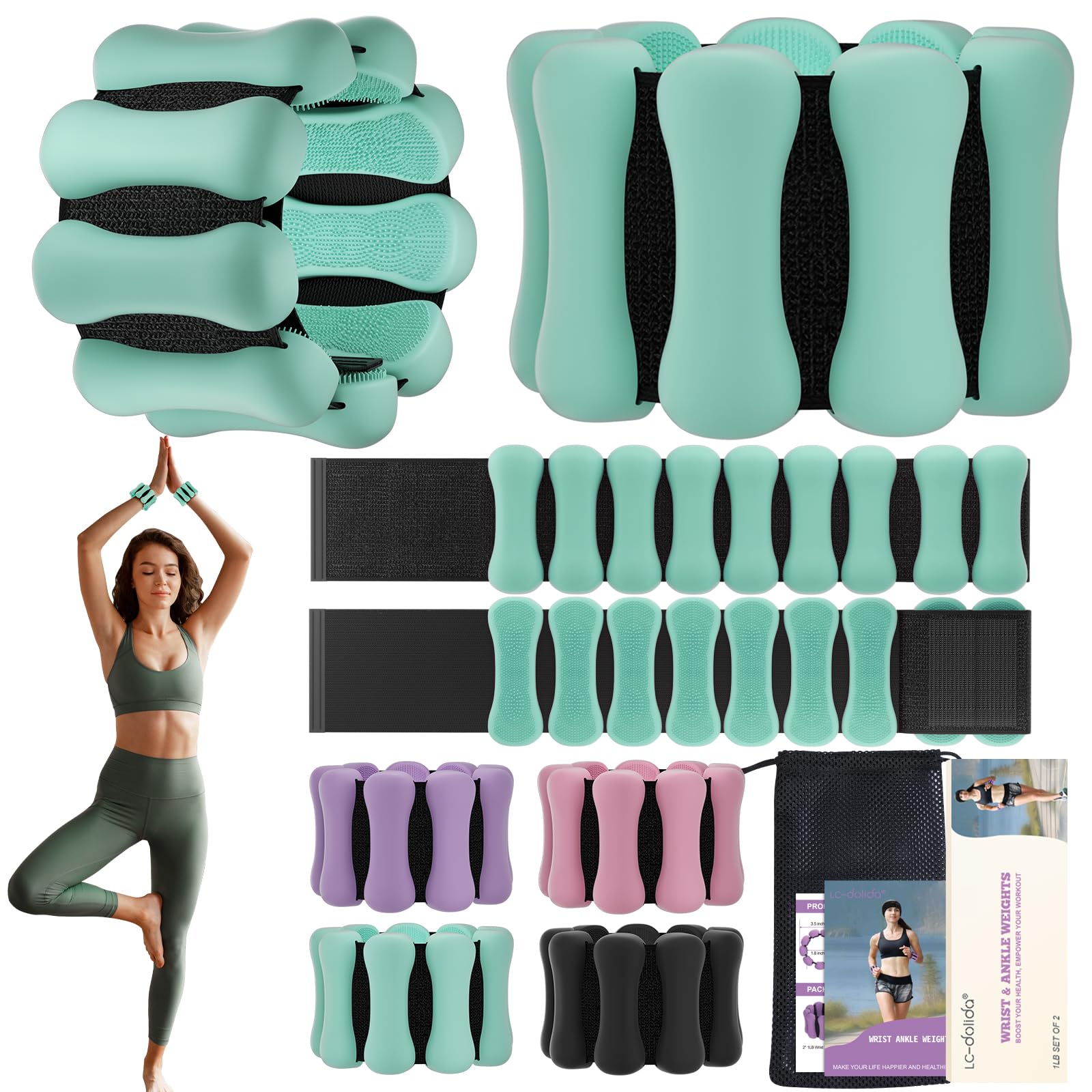 Wrist Weights, LC-dolida Ankle Weights for Women Men, Adjustable Wrist Weighted Bracelet Set of 2 (1 lb Each) for Home Gym Workout, Walking, Running, Pilate, Yoga, Strength Training