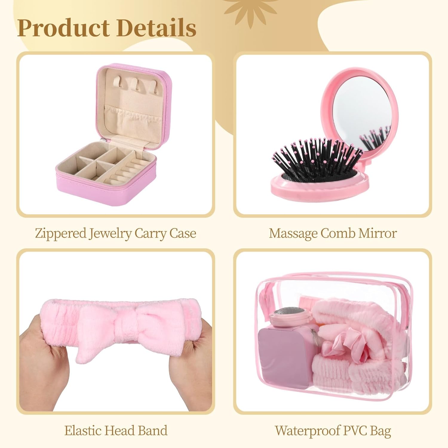 Lnrueg 6 Sets Pink Spa Party Supplies for Women, Spa Party Favors with Jewelry Case Headband Eye Mask Massage Comb Mirror Hair Tie, DIY Spa Kit for Sleepover Bridal Shower Slumber Party