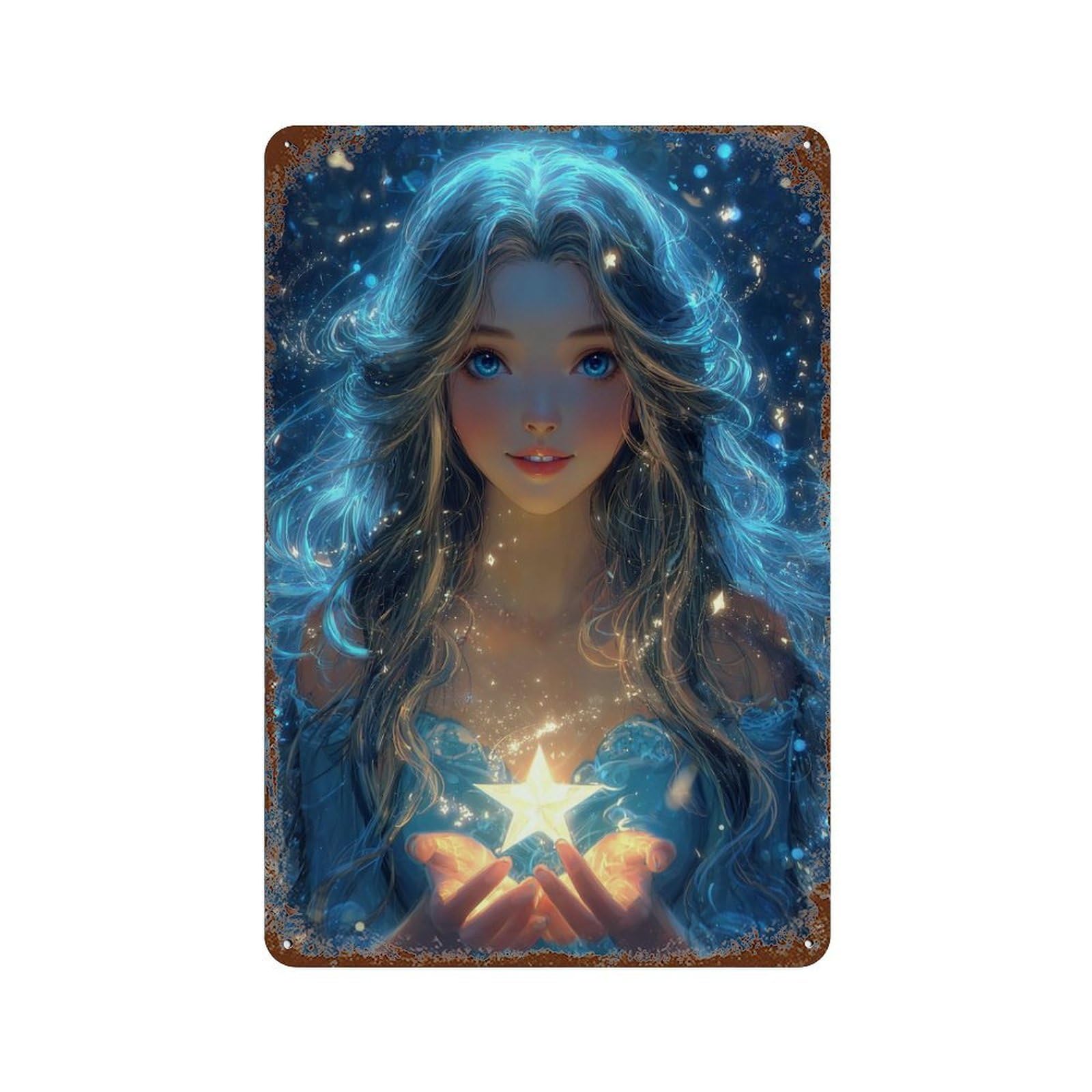 Distressed Metal Wall Sign Enchanted Star Fantasy Artwork -1 11.8"x7.9", Shabby Chic Decor for Patio, Garden Room And Bar Decor