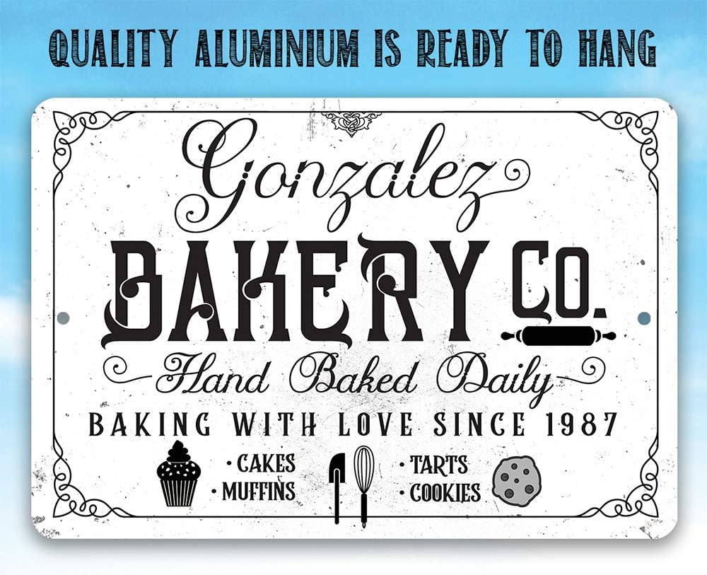 Personalized Bakery - Classic Bake Shop Decor, Business Wall Art Sign, Custom Family Name and Year Established, Gift for Bakers Pastry Chef, 8x12 or 12x8 Use Indoor or Outdoor Durable Metal Tin Sign