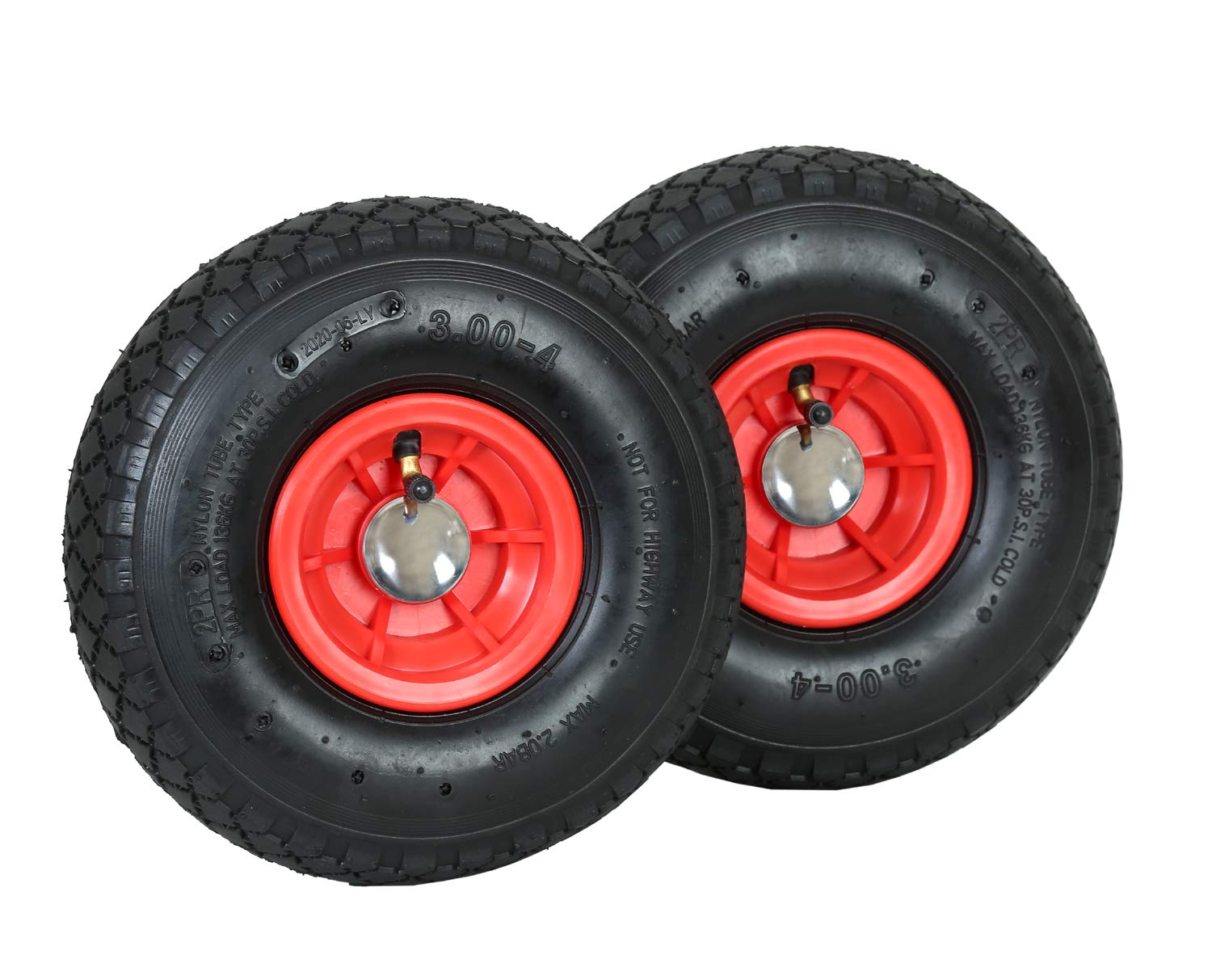 FROSAL Sackkarrenrad Luftrad mit Radbefestigung | Ersatzrad Bollerwagen 260x85 mm 3.00-4 | Rad für Sackkarre | Bollerwagenrad inkl. Achsstopfen | Radkappe | Rollenlager | Nabe 20mm/60mm (2 Stück)