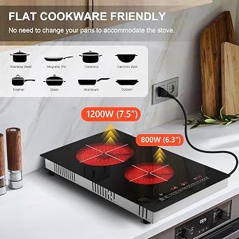 12 Inch Electric Ceramic Cooktop, 2 Burner Radiant Stove 2000W, Built-In or Countertop Hot Plate with 9 Power Levels, Timer & Plug-In Design
