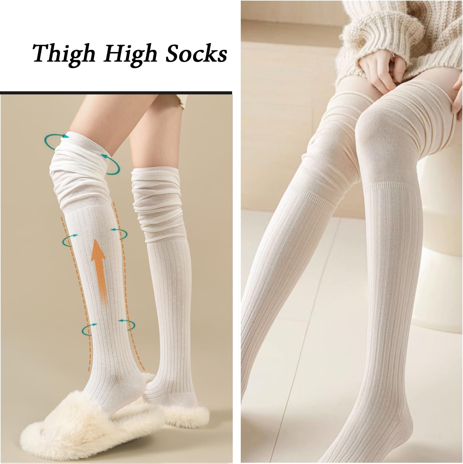 VASANA Women’s Thigh High Socks Cotton Over the Knee Leg Warmer Extra Long Knee High Socks Fashion Boot Stockings (Beige) - Image 5