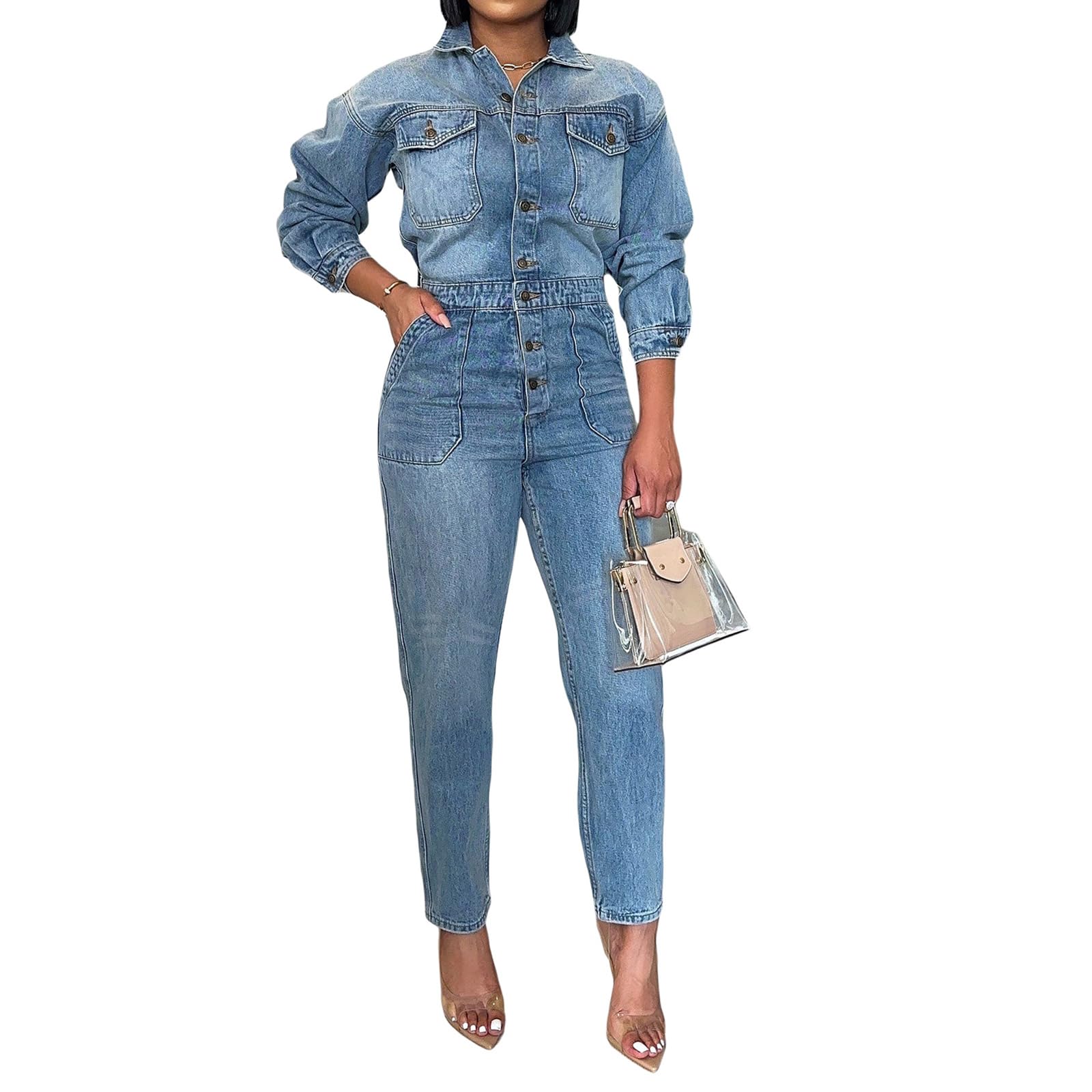 cffvdiz Denim Combinaison pour Femmes Sexy Slim Fit Manches Longues Taille Haute Jean Combinaisons Bouton Bas Élastique Taille Longue Romper