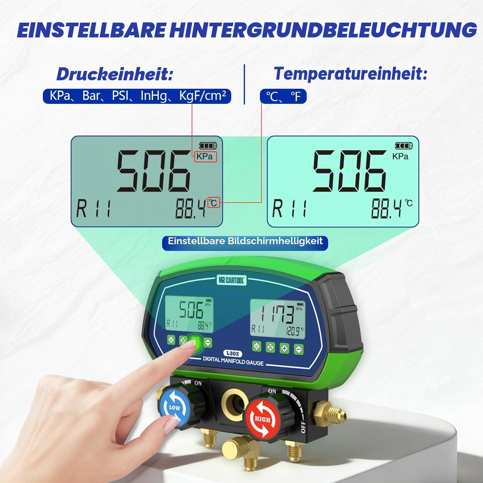 MR CARTOOL Digital Monteurhilfe L302 Kältemittelanzeige HVAC Messgerät R134A R32 R410A 90 Kältemitteln Vakuumpumpe