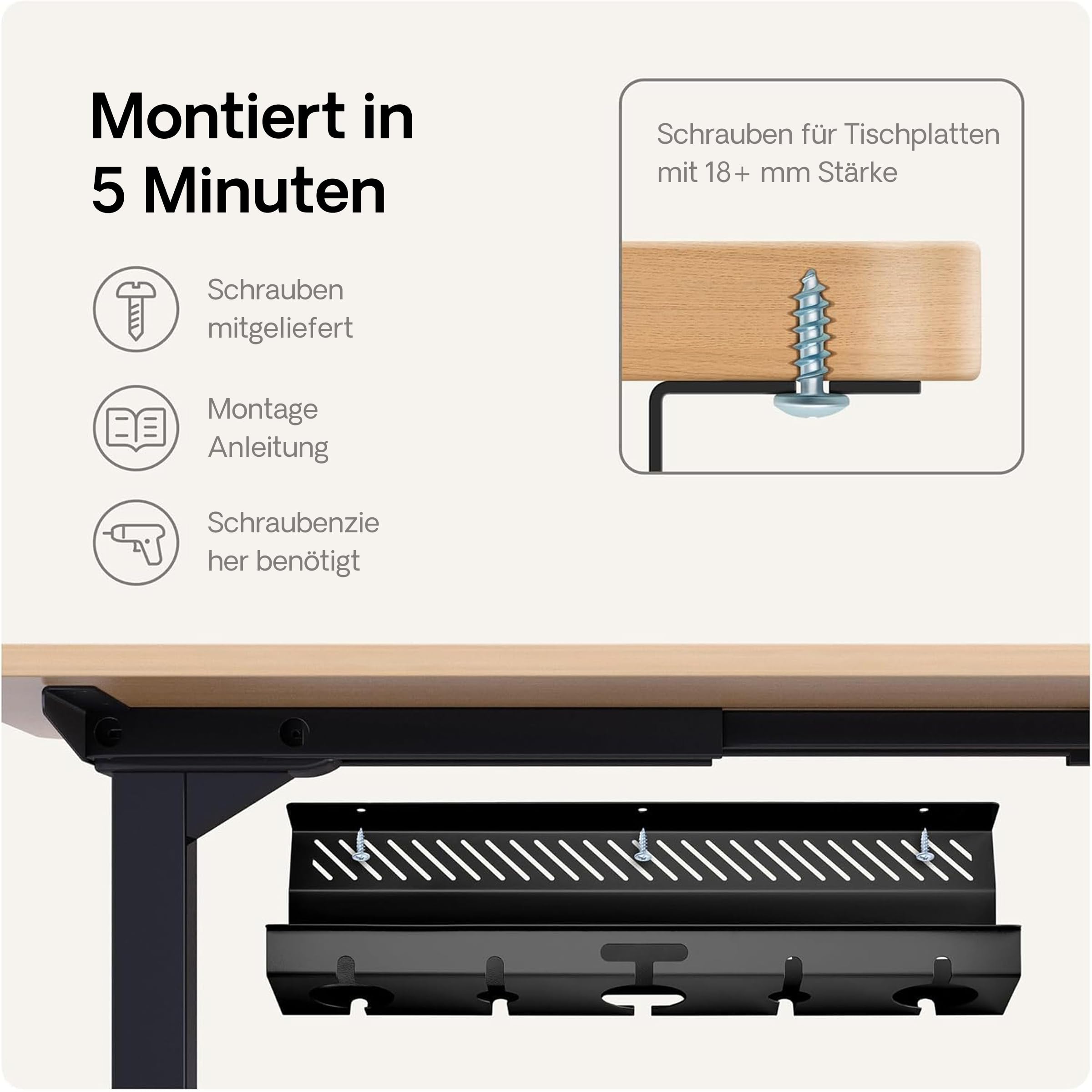 Kabelkanal Schreibtisch Schwarz 2er Set - Edelstahl Kabelmanagement Schreibtisch Kabelkanal mit 5 Kabelausschnitten - Einfach zu Installierender Kabel-Organizer - Kabelhalter von Desktronic