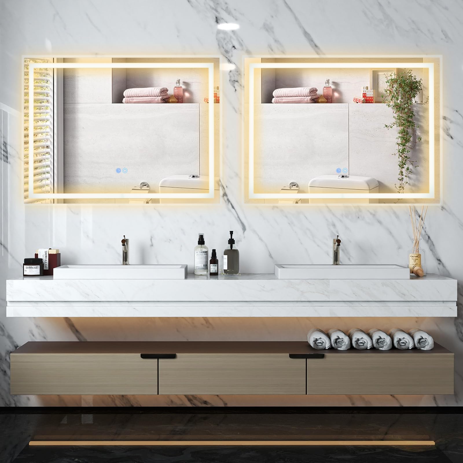 COSTWAY Specchio Bagno Rettangolare con Luce a 3 Colori 80 x 60 cm