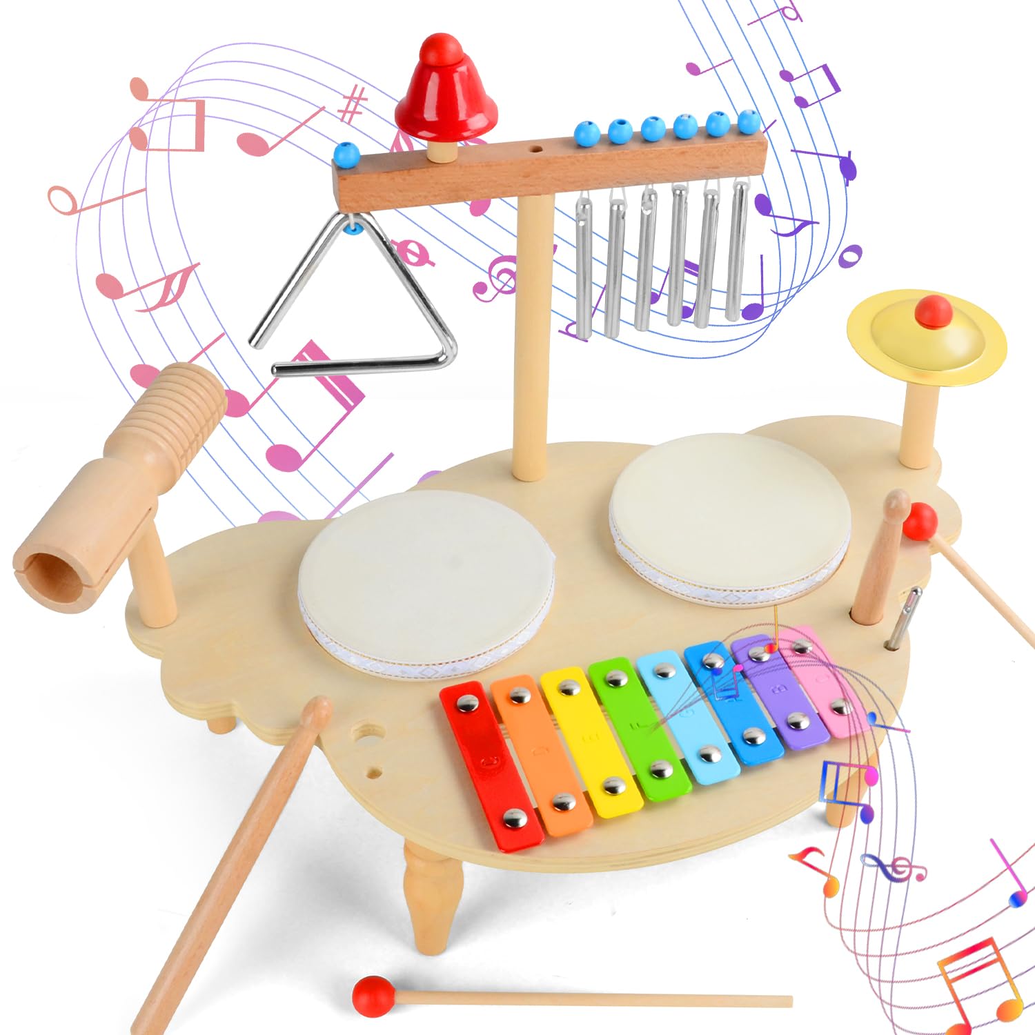 Tambor Infantil de Madera, 7 IN1 Batería Musical para Niños con Xilófono, Juguete Educativo Montessori, Instrumentos Musicales Juguetes de Madera Regalo para Bebé Niño Niña 2 3 4 5 Años