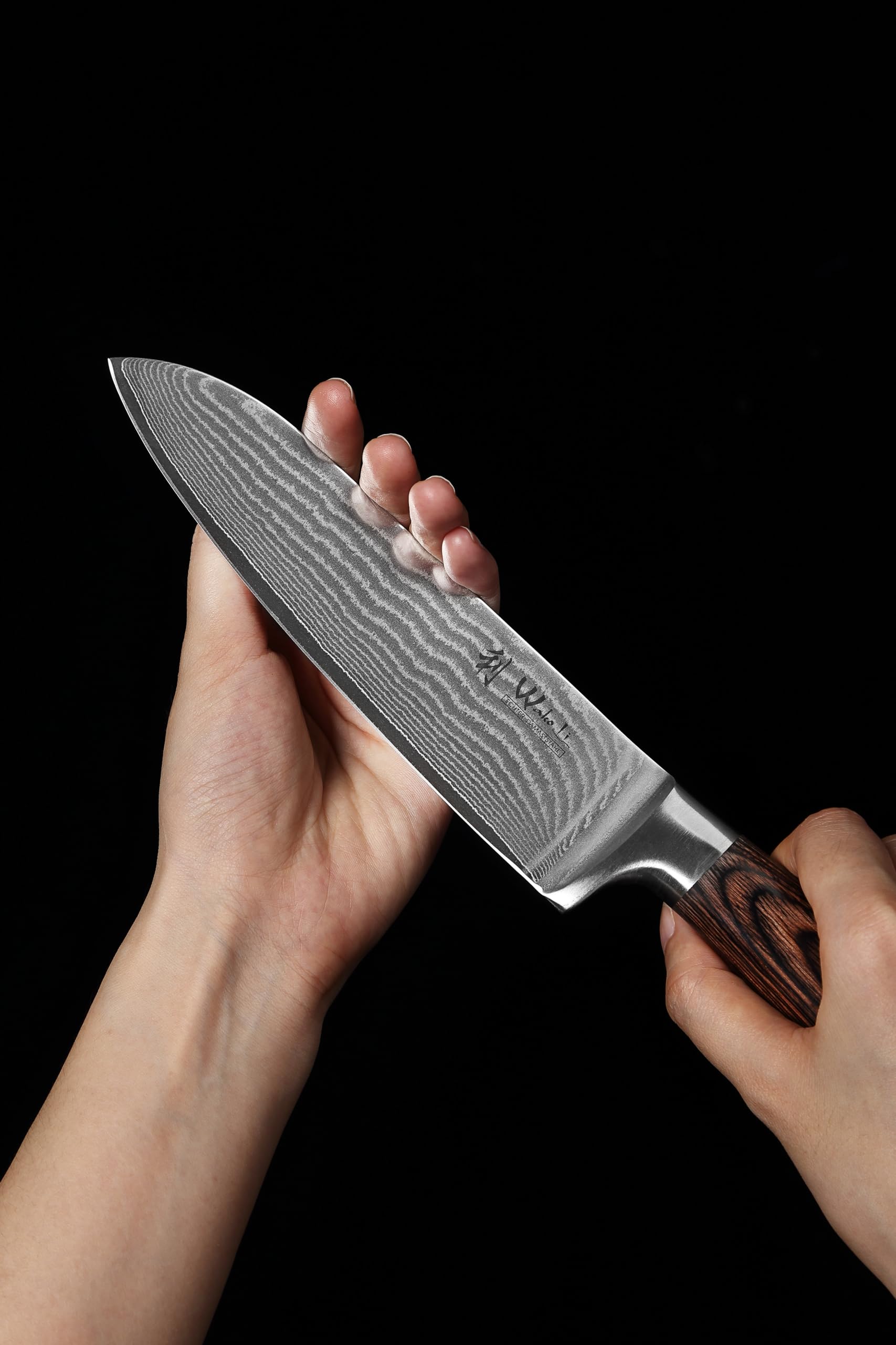 Wakoli EDIB, zestaw 3 noży ze stali damasceńskiej VG-10 z rękojeściami z drewna pakka w pudełku drewnianym, długość ostrz od 8,50 cm do 17,00 cm