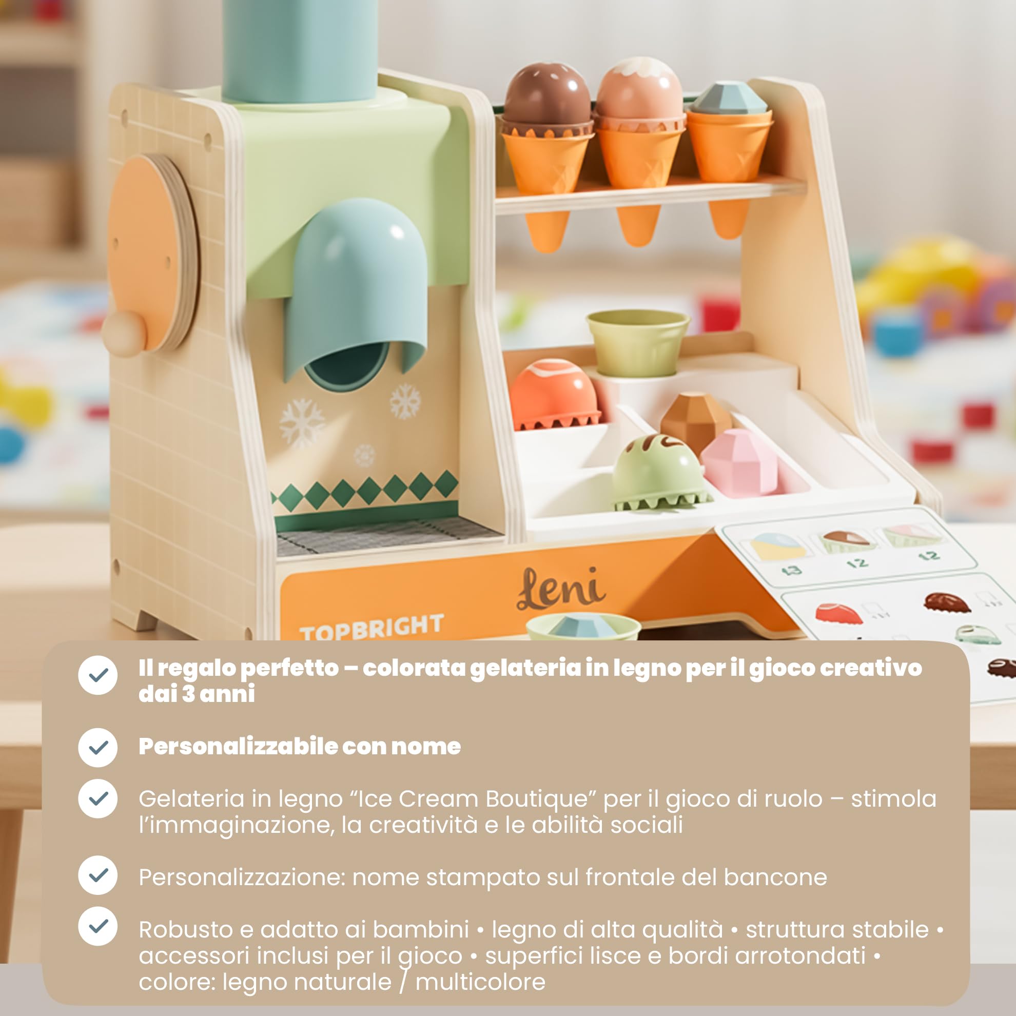 Personalizzabile Gelateria in legno “Negozio di Gelati” – Gioco del negozio & gioco di ruolo – per bambini dai 3 anni in su – personalizzato con nome – TOPBRIGHT