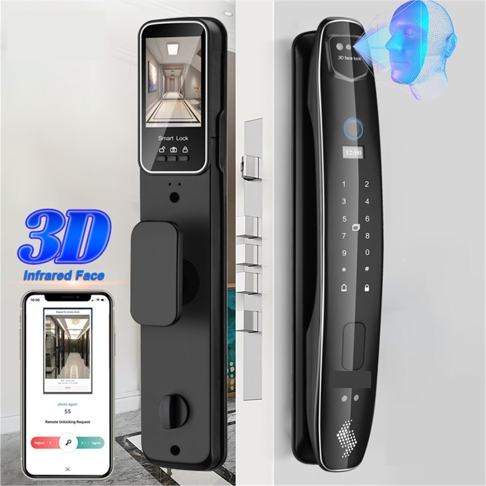 Serratura Smart, 3D Face Smart Door Lock Telecamera di sicurezza Monitor Impronta digitale intelligente Password Sblocco chiave elettronica biometrica,per camere da letto, uffici e hotel(CS7(6068-S))
