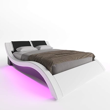Amazon Com Ztozz Milan Wave Like Led Bed Frame Queen Size Contemporary Modern Curved Pu Upholstered Platform Bed With Designer Led Lights Headboard White Black Color Home Kitchen