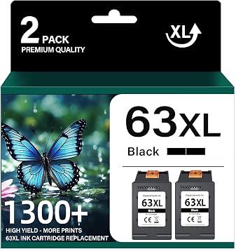 63XL Black Ink Cartridges High Yield Compatible for HP 63 Black Ink Cartridges -2 Pack 63XL Replacement Work with DeskJet 1112, 2130, 3630; Envy 4510, 4520; OfficeJet 3830, 4650, 5255, 5258 Printers