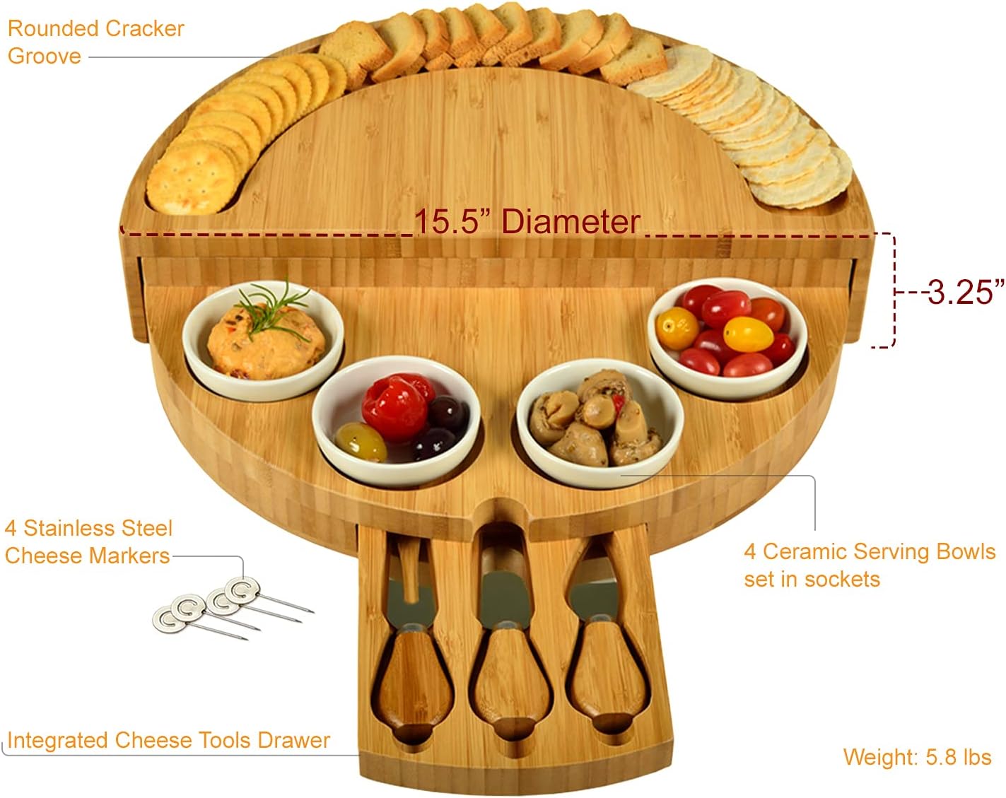 Picnic at Ascot Deluxe Bamboo Cheese/Charcuterie Board with Accessories & Cheese Markers - Innovative Patented Design - Quality Assured in The USA