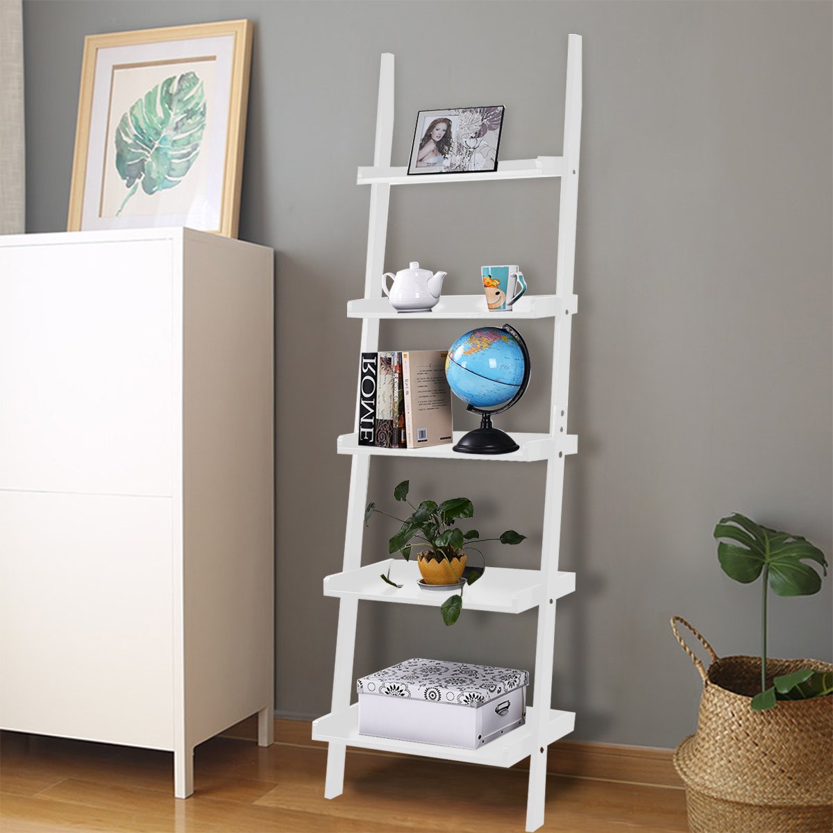 Tangkula Ladder Bookcase 5Tier Wood Leaning Shelf Wall Plant Shelf