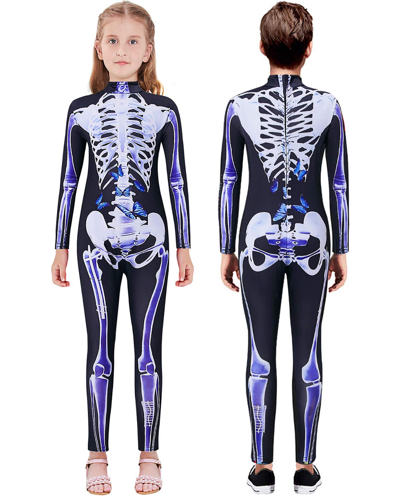 Little Girls Halloween Cosplay Bodysuit Size 11-12 3D Print Scary Skeleton Jumpsuit Costume Long Sleeve