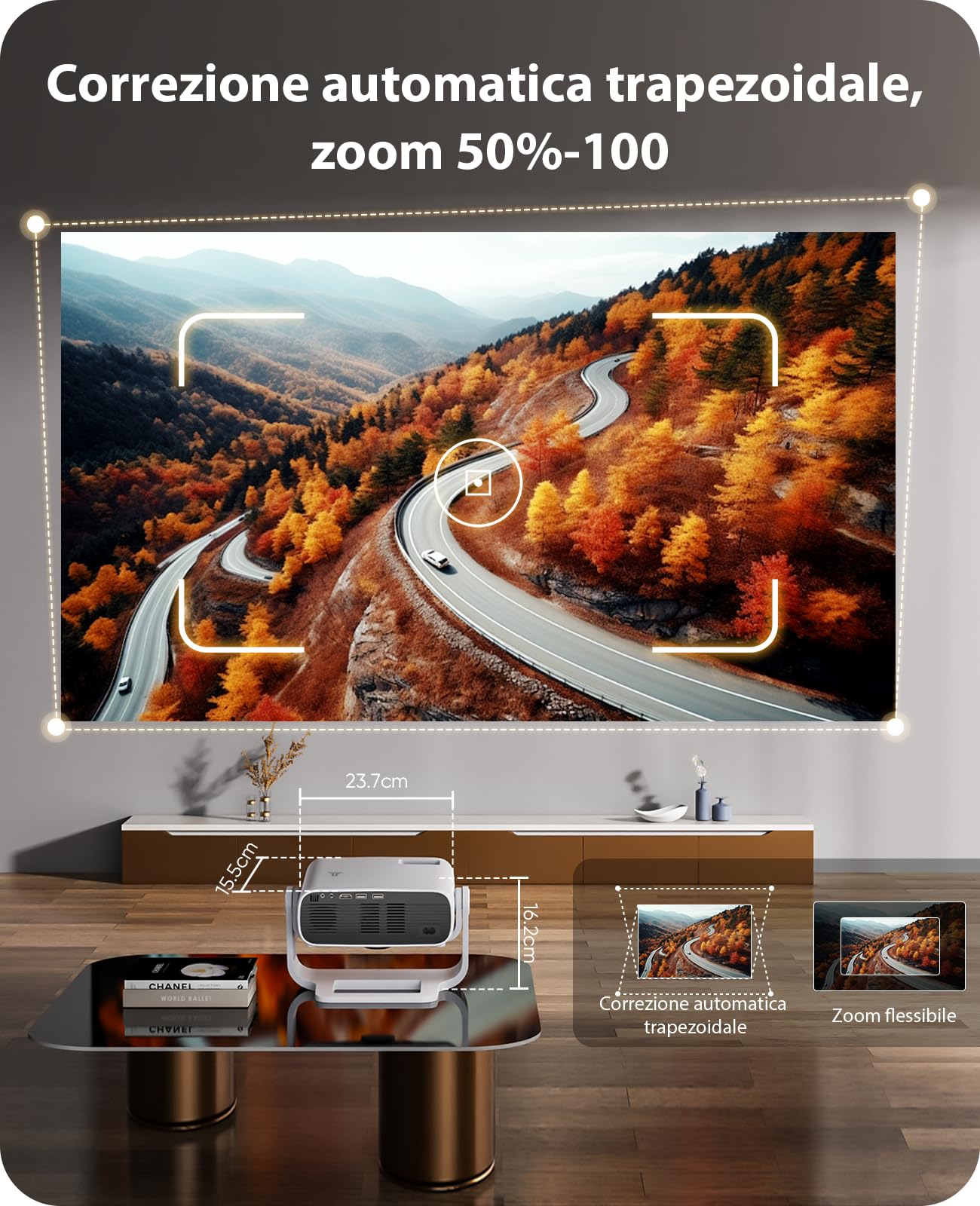 Proiettore intelligente Wielio Android 11, Supporto FHD 1080P 4K, WiFi6 & BT5.2, Basso Rumore (<30 dB), Supporto Regolabile a 120°, Messa a Fuoco Elettronica, Correzione Trapezoidale per Switch/PS5