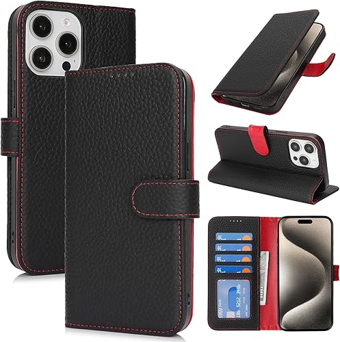 Vista 118 de Zouzt Funda para iPhone 11 de 6.1 pulgadas de piel auténtica con 4 ranuras para tarjetas, tarjetero con bloqueo RFID, tapa magnética, función atril