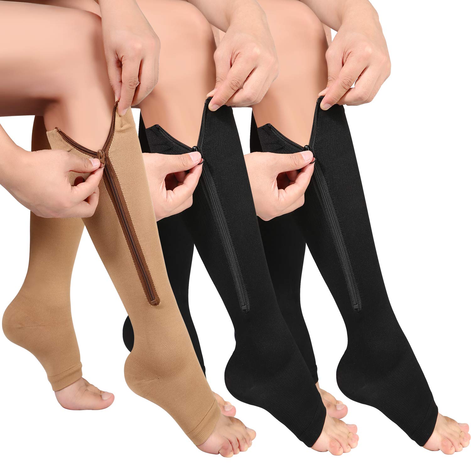 Compression Socks, Zip Compression Socks, Zipper Compression Socks, Open Toe Knee Stocking, 15-20 mmHg, 2Black 1Beige, XXL