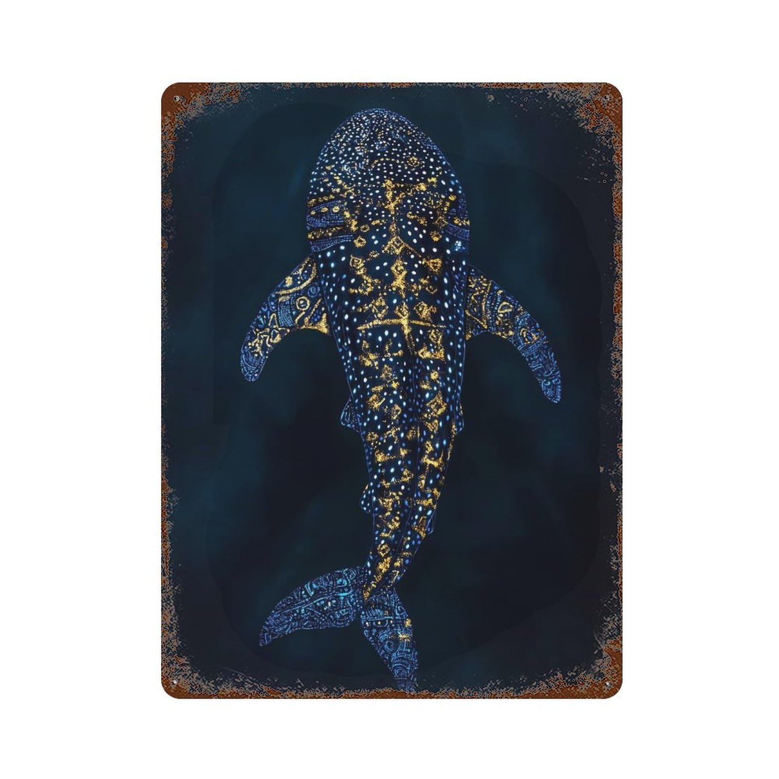 Aged Metal Wall Plaque with Whale Shark Gold Design 15.7"x11.8", for Garage, Bar And Workshop Decor, Rustic Home Decor