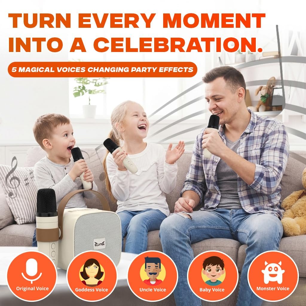 Kids Karaoke Machine with 2 Wireless Rechargeable Microphones, Portable Bluetooth Speaker with RGB Lights, Mic & Phone Holder, Beige - Birthday Gifts for Girls Boys