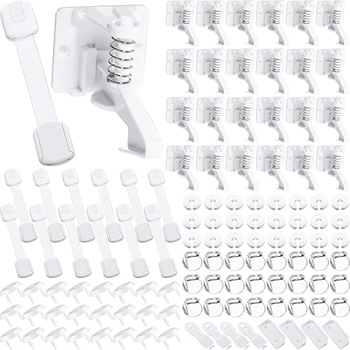 Qunclay Paquete de 124 paquetes de kit a prueba de bebés que incluye 24 cerraduras de gabinete, 24 cierres de seguridad adhesivos ajustables, 24