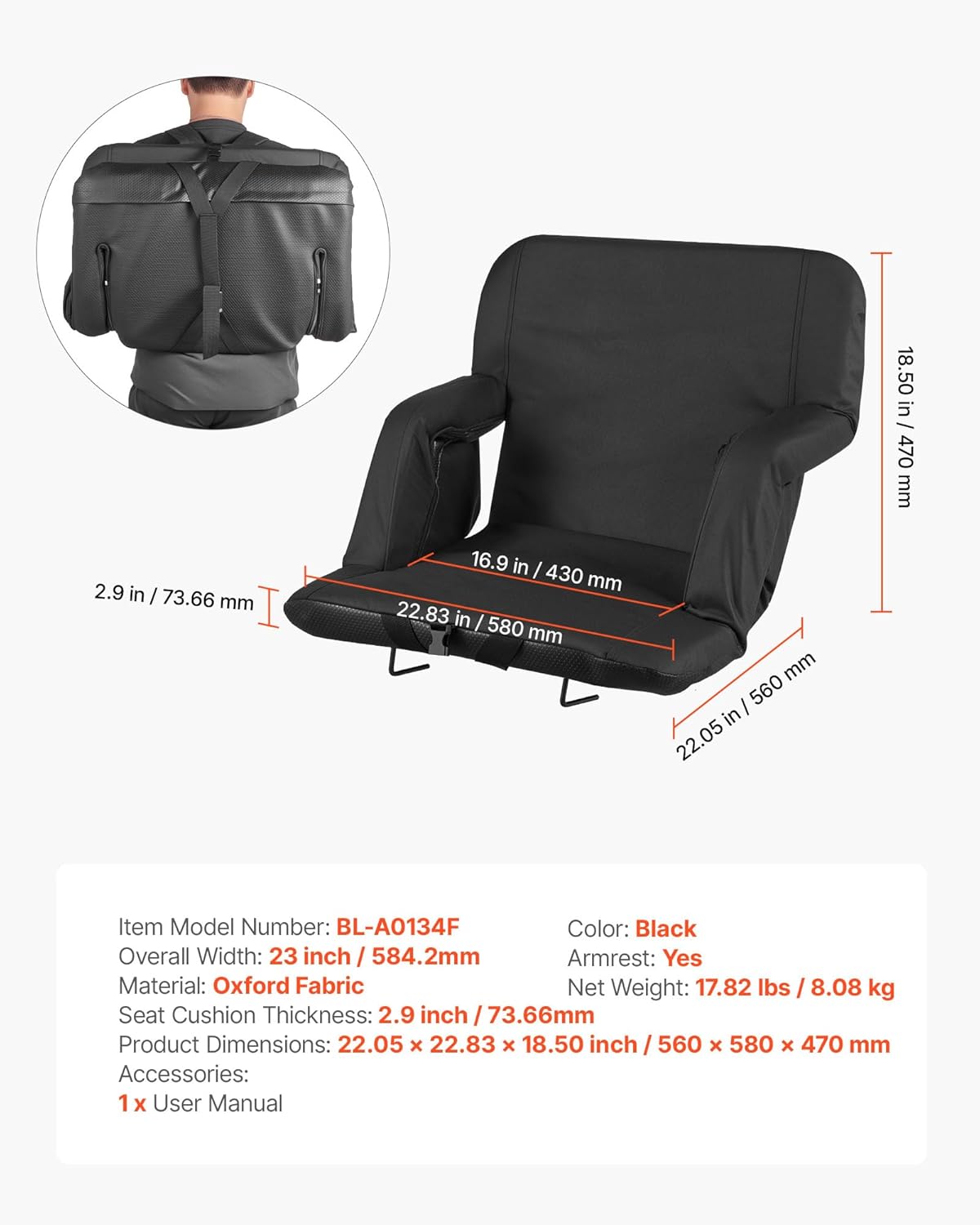 VEVOR Stadium Seat, 6 Adjustable Angle Wide Bleacher Chair, 2.9'' Cushion Padded Stadium Seat with Armrest and Back Support, Stadiums Chair with Hook Cupholder for Picnics, Beach Sports, and Gaming