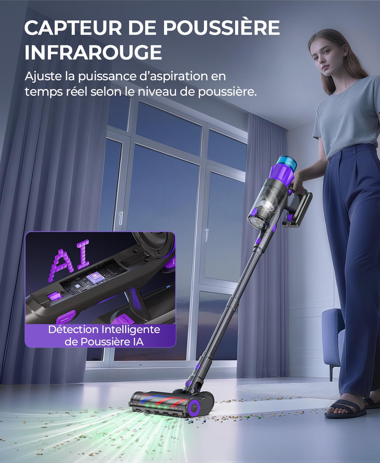 Aspirateur Balai sans Fil Puissant, 55KPA/580W/70Min Aspirateur sans Fil avec Affichage Intelligent et Anti-Enroulement, Lumière LED Verte, Aspirateur Puissant pour Sols/Tapis/Poils d'animaux