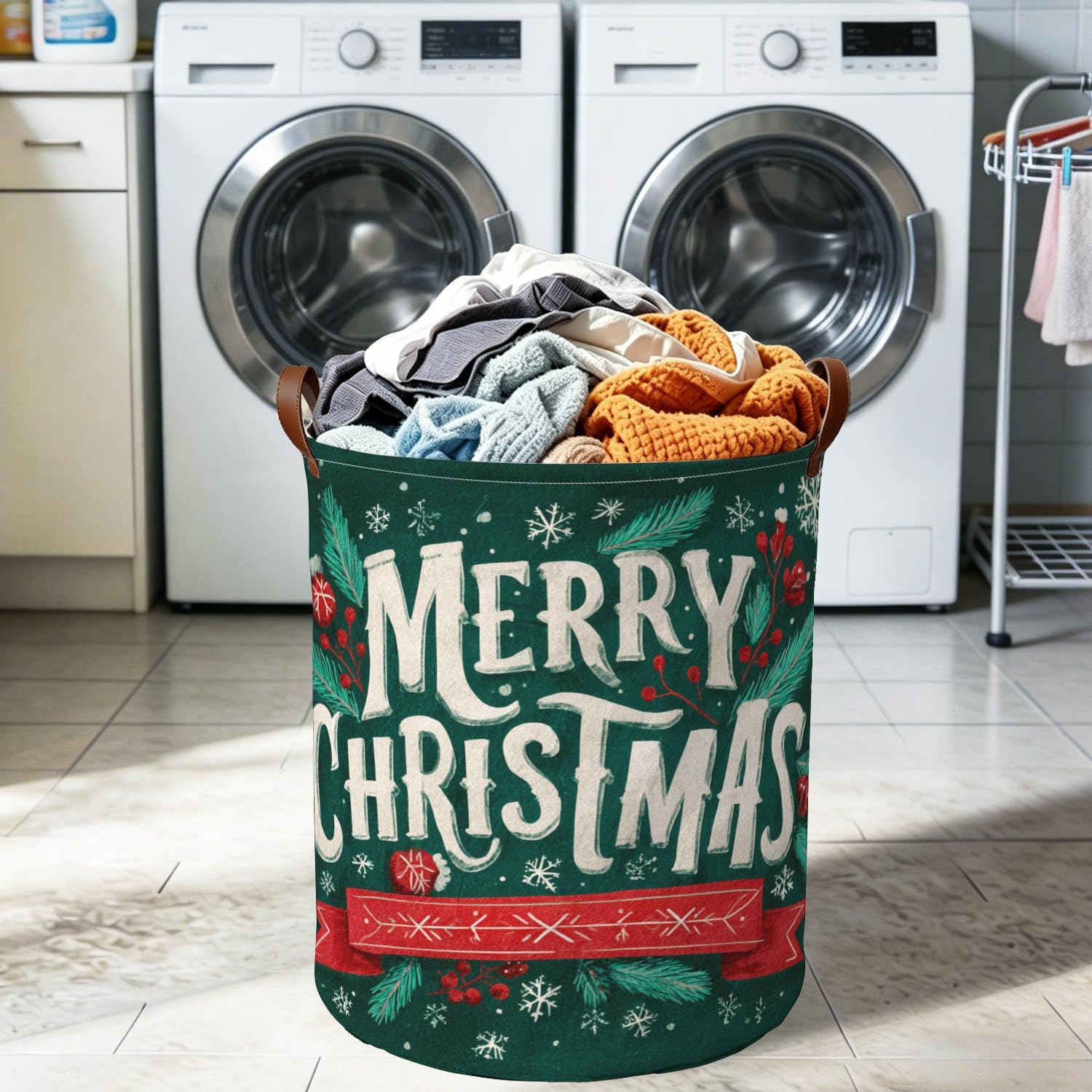 Merry Christmas Laundry Hamper, Chalkboard Basket, 15.75x19.7in image 2