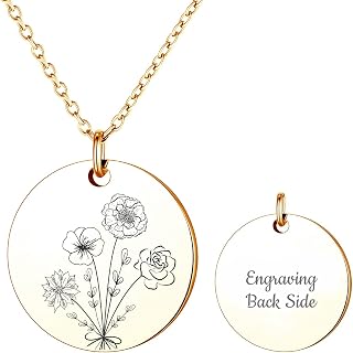 Personalized Birth Flower Necklaces for Women Custom Name Birth Month Flower Necklace Customized Mom Locket Engraved Floral Coin Pendant Dainty Jewelry for Teen Girl 18th Birthday Gifts Family Friend