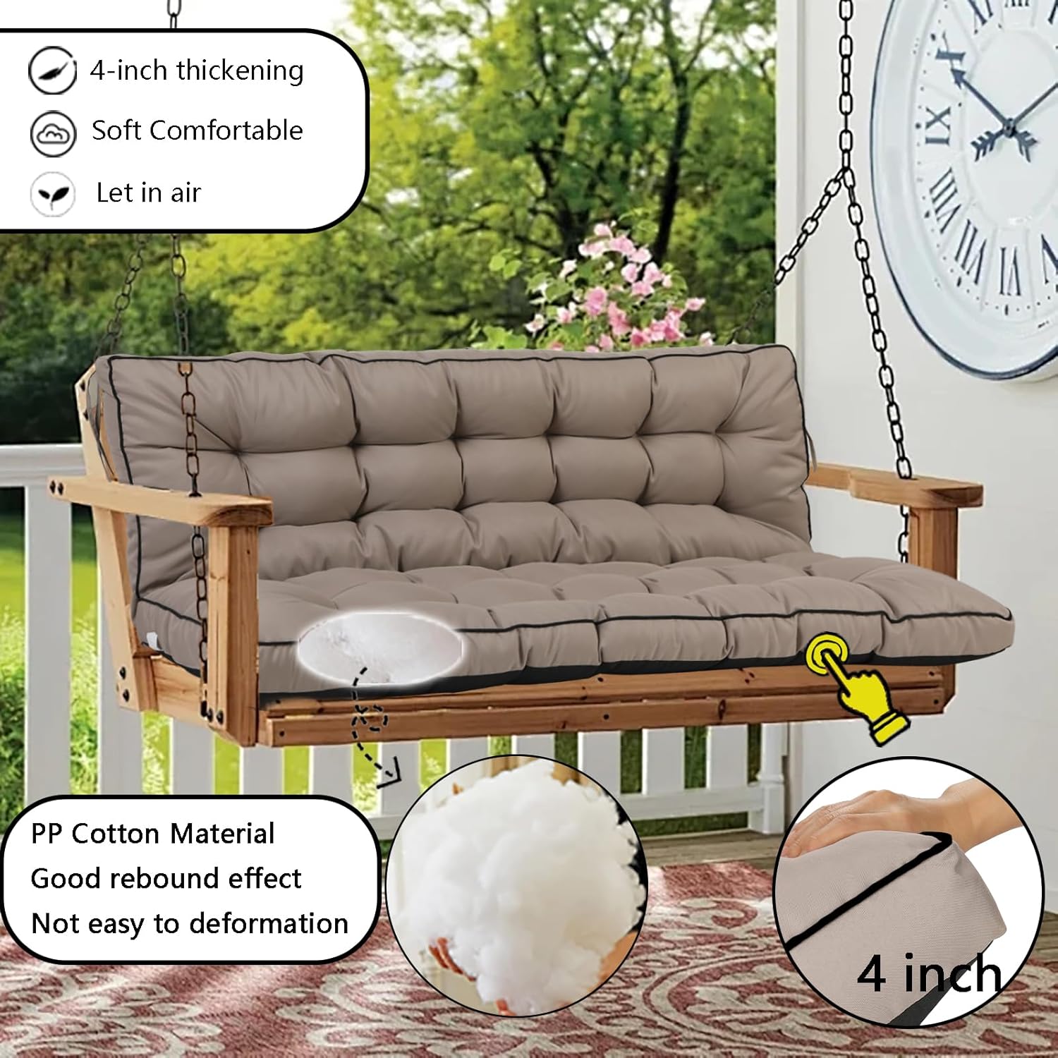 Porch Swing Cushion Three Seat, Waterproof Swing Cushions Replacement with Backrest, Outdoor Garden Furniture Patio 4" Thickened Cushions with Ties (Khaki, 40 x 55in)