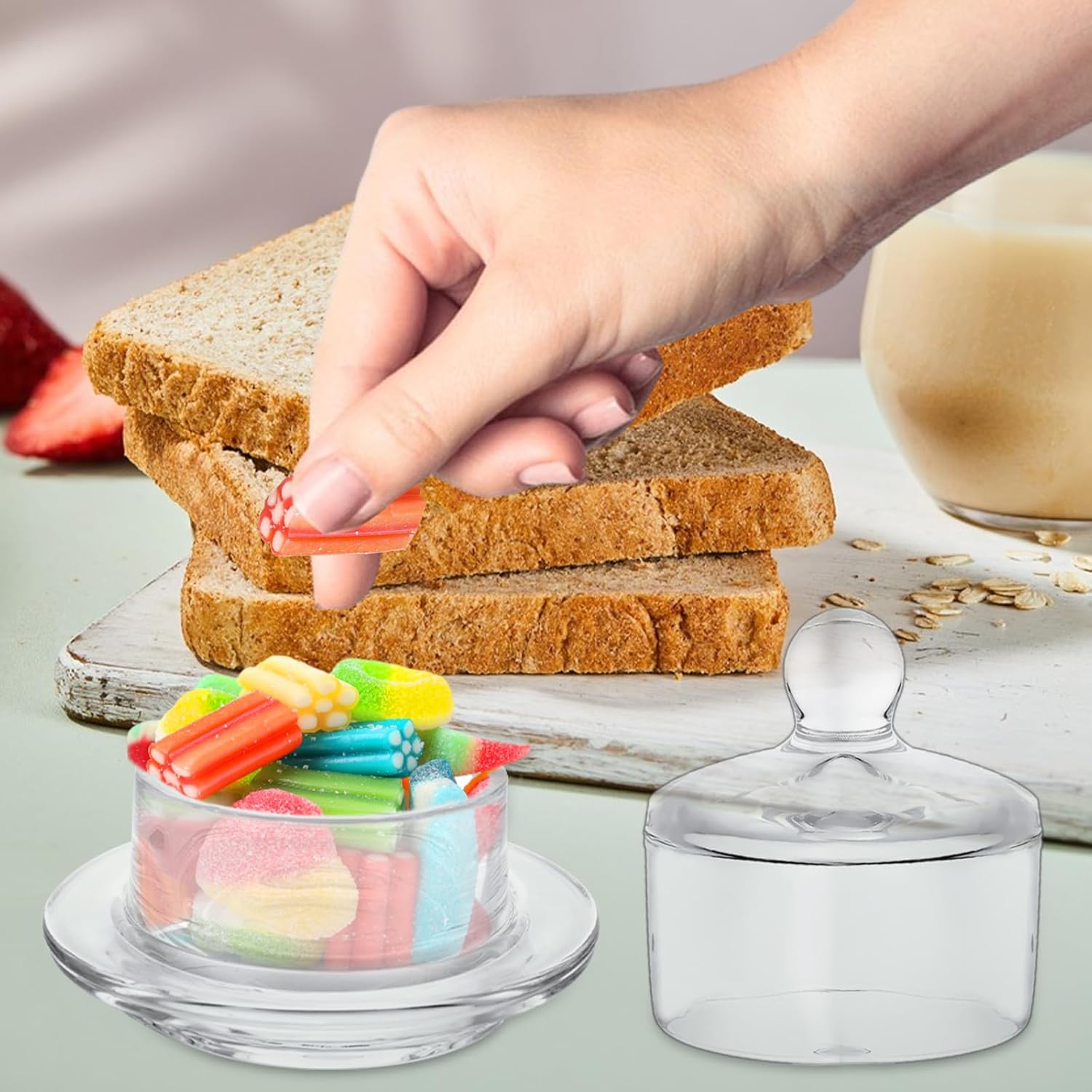 4 PCS Clear Glass Butter Dish with Lid Mini Butter Cloche Clear Small Butter Dish with Cover Glass Butter Keeper with Lid and Handle Crystal Butter Serving Container for Candy, Dessert, Jam