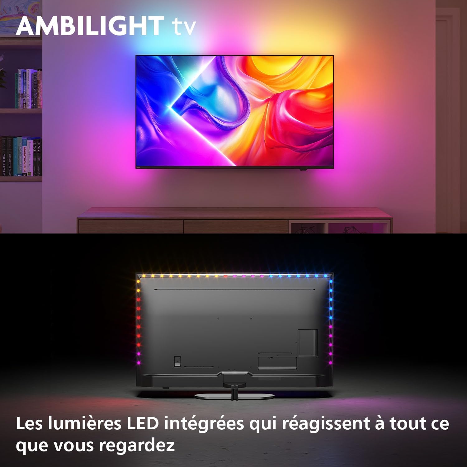 Philips Ambilight TV displaying vibrant colors that extend onto the wall behind it, creating an immersive glow.