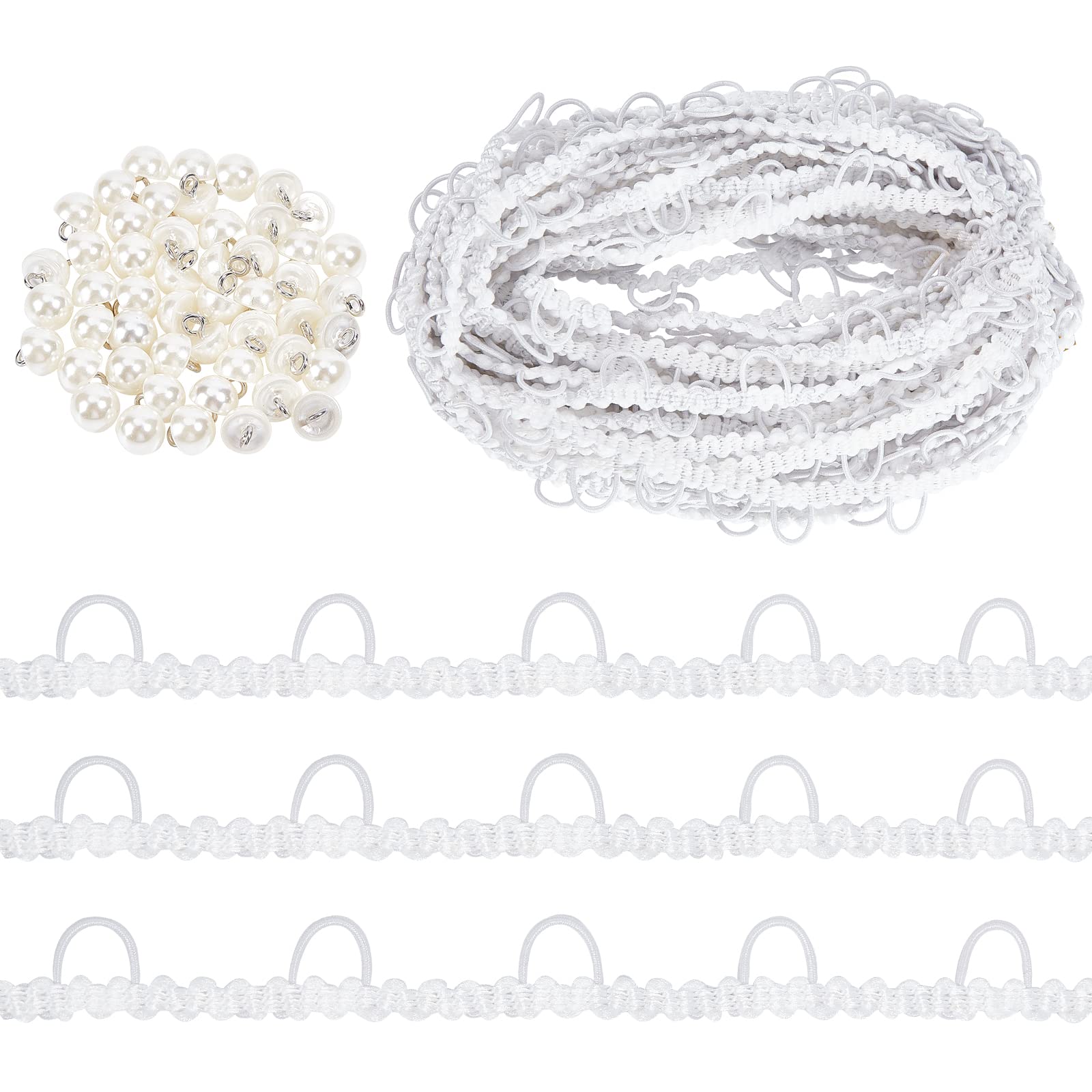 CRASPIRE Braid Trim White Wedding Dress Button Loops 15 Yards Elastic Knot Loop with 50pcs Pearl Buttons Sewing Dress Zipper Extender for Wedding Wedding Dress Costume Collars Cushion DIY Crafts