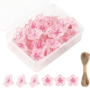 30PCS Flower Push Pins Cherry Blossoms Thumb Tacks Glitter Flowers Thumbtacks Cork Board for Photos Wall Cork Boards Map Office or Home