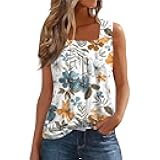 FlekmanArt Tank Tops for Women Sleeveless Square Neck Tunic Tops Printed Pleated Comfy Tank Tops Loose Fit Casual Basic Tee