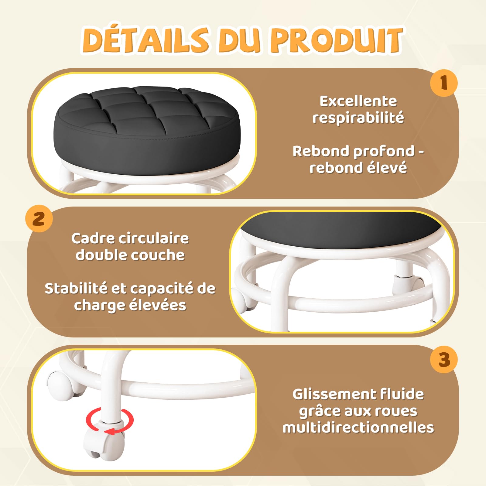 Qianly Tabouret de Siège à Roulettes Bas, Rotation 360°, Coussin Ergonomique, Mini Tabouret Mobile, Noir